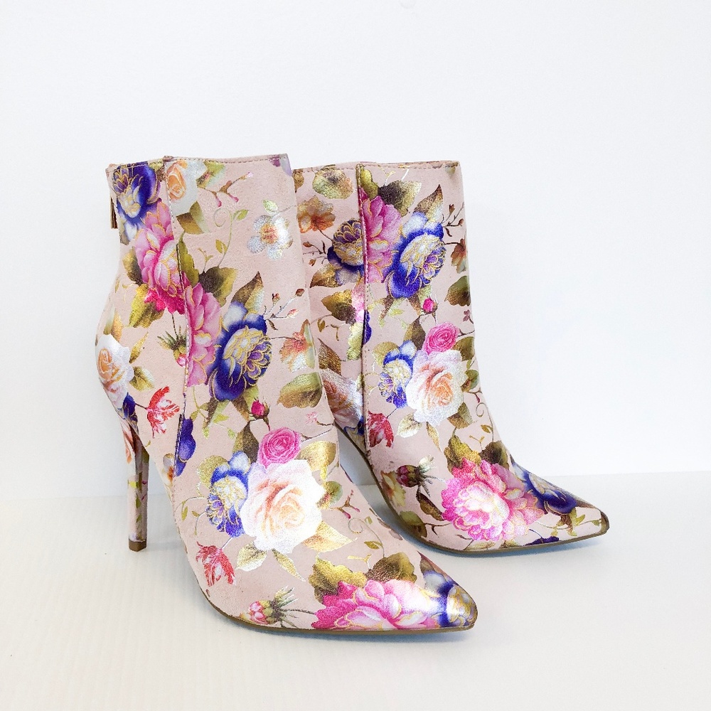 Anne Michelle Blush Floral Metallic Booties